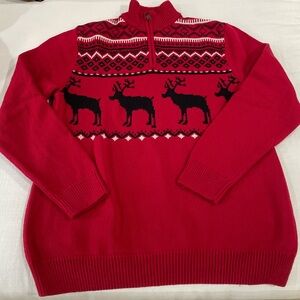 Chaps Red Zip Up Christmas Sweater with Reindeer Pattern